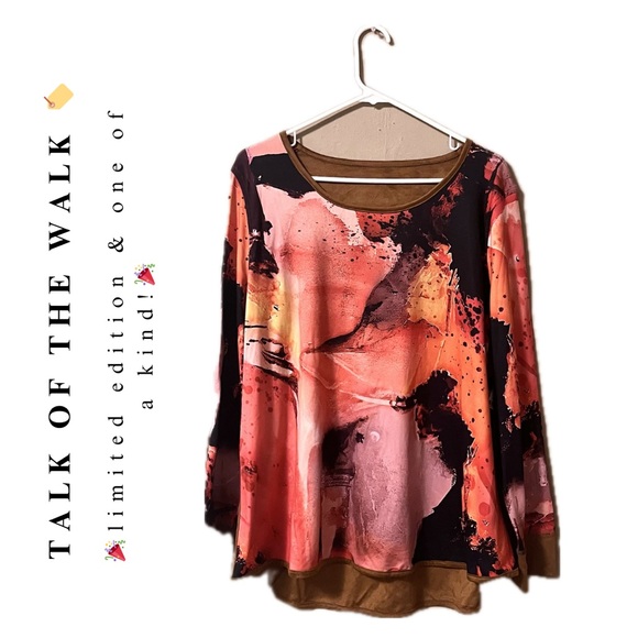 🏷️🆕🎉totw • reversible abstract print brown suede long sleeve tunic top - Picture 1 of 17